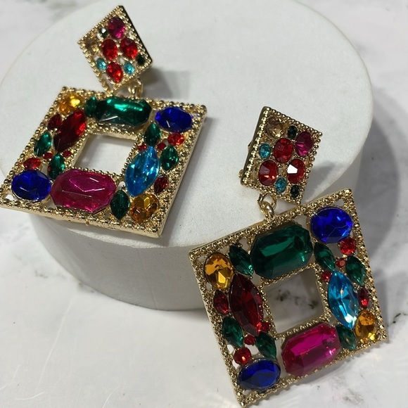 Zara Multi Colored Crystal Square Drop Clip On Earrings - Picture 12 of 12